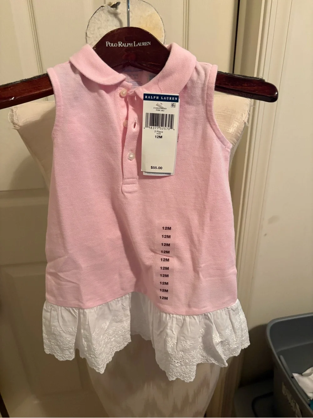 Ralph Lauren 12m nwt Pink Sleeveless Polo dress with White Eyelet Hem - Kids $55